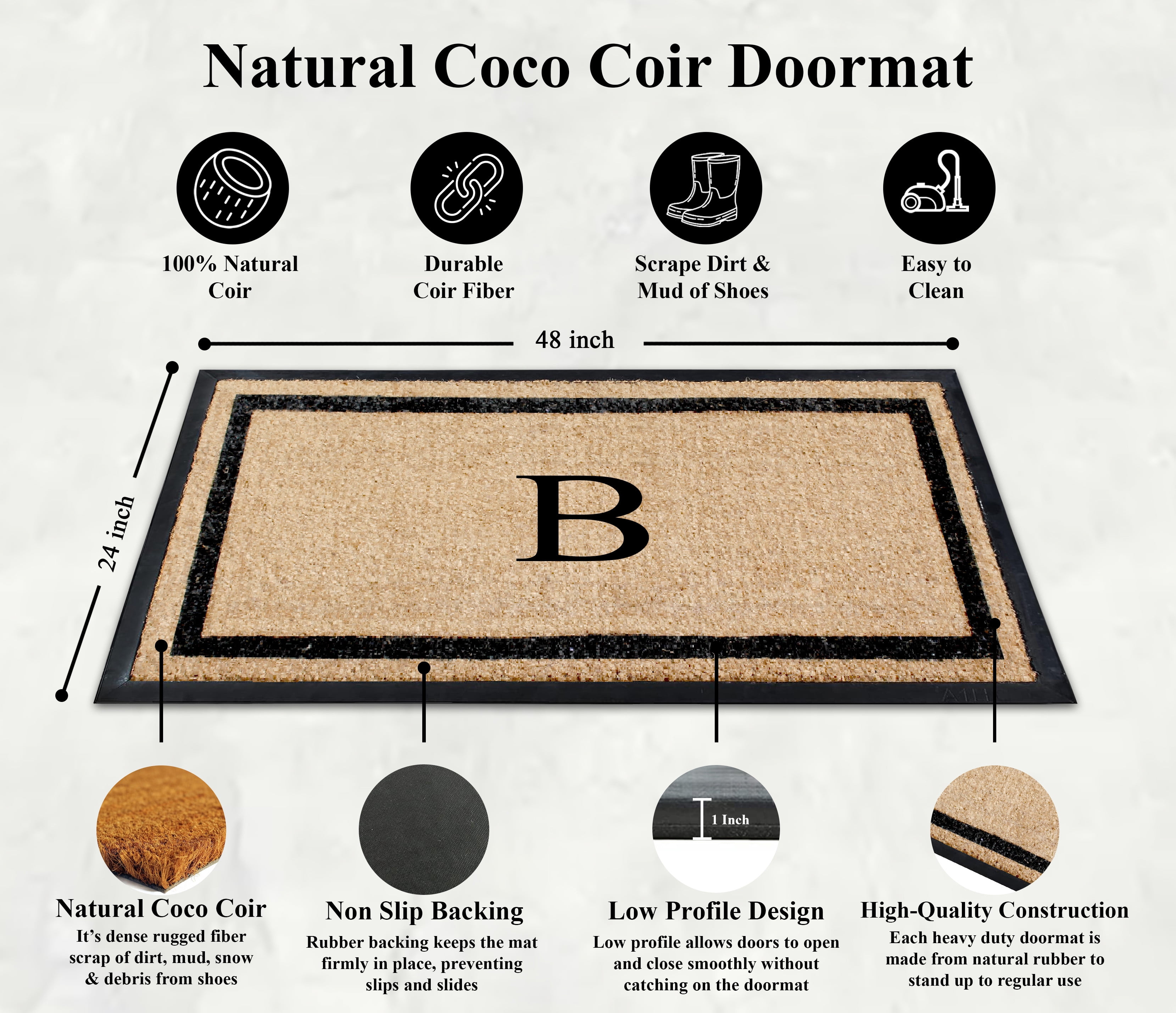 A1HC Rubber and Coir Door Mat Heavy Weight Large Entry Mat Outdoor Durable Monogrammed B Doormat 24"X48", Beige