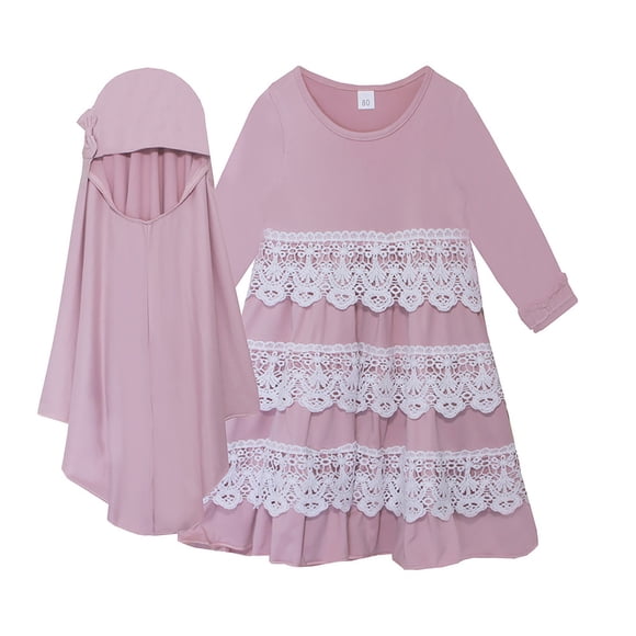 EnJoCho Kids Girls Musli𝗆 Abaya Dress Modest Lace Prayer Dress Islami𝖼 Maxi Robe Kaftan Ramadan Arabian 𝖣ubai Clothes 2 Piece