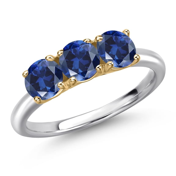 Gem Stone King 925 Silver and 10K Yellow Gold Blue Created Sapphire Engagement Ring for Women | 1.80 Cttw | Round 5MM | Gemstone September Birthstone | Size 6