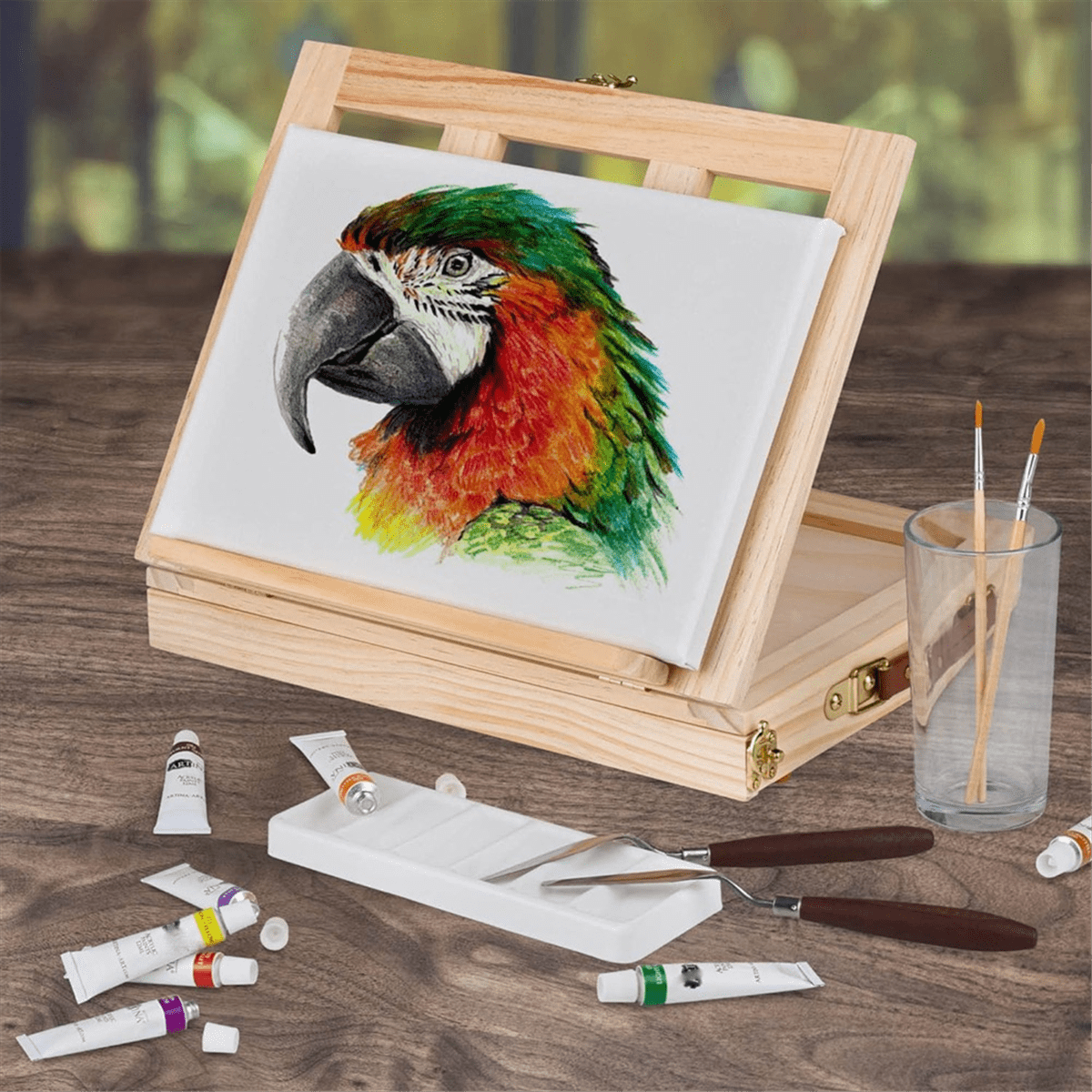 Portable 4 Adjustable Gears Drawer Style Beech Tabletop Easel Burlywood Portable Art Case for Beginners & Adults