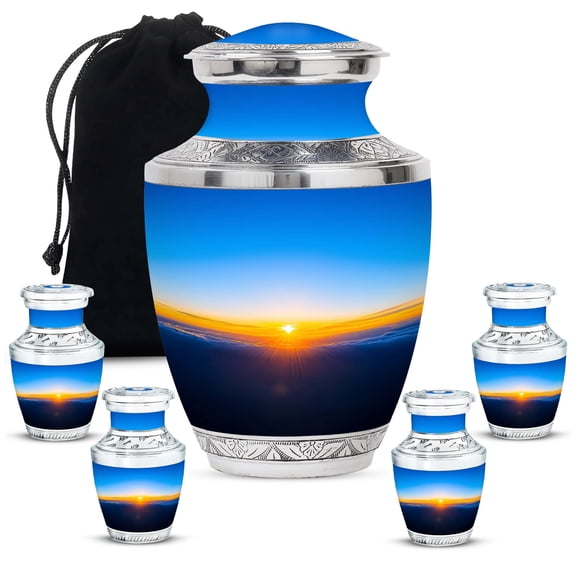 Blue Abstract Urn for Ashes Mom, Funeral Urn For Dad - Blue Abstract Theme Cremation & Memorial Sharing Urns for Ashes with Lid - 3inch 4pcs Small & 10inch 1pcs Large Size Combo- Pack of 5