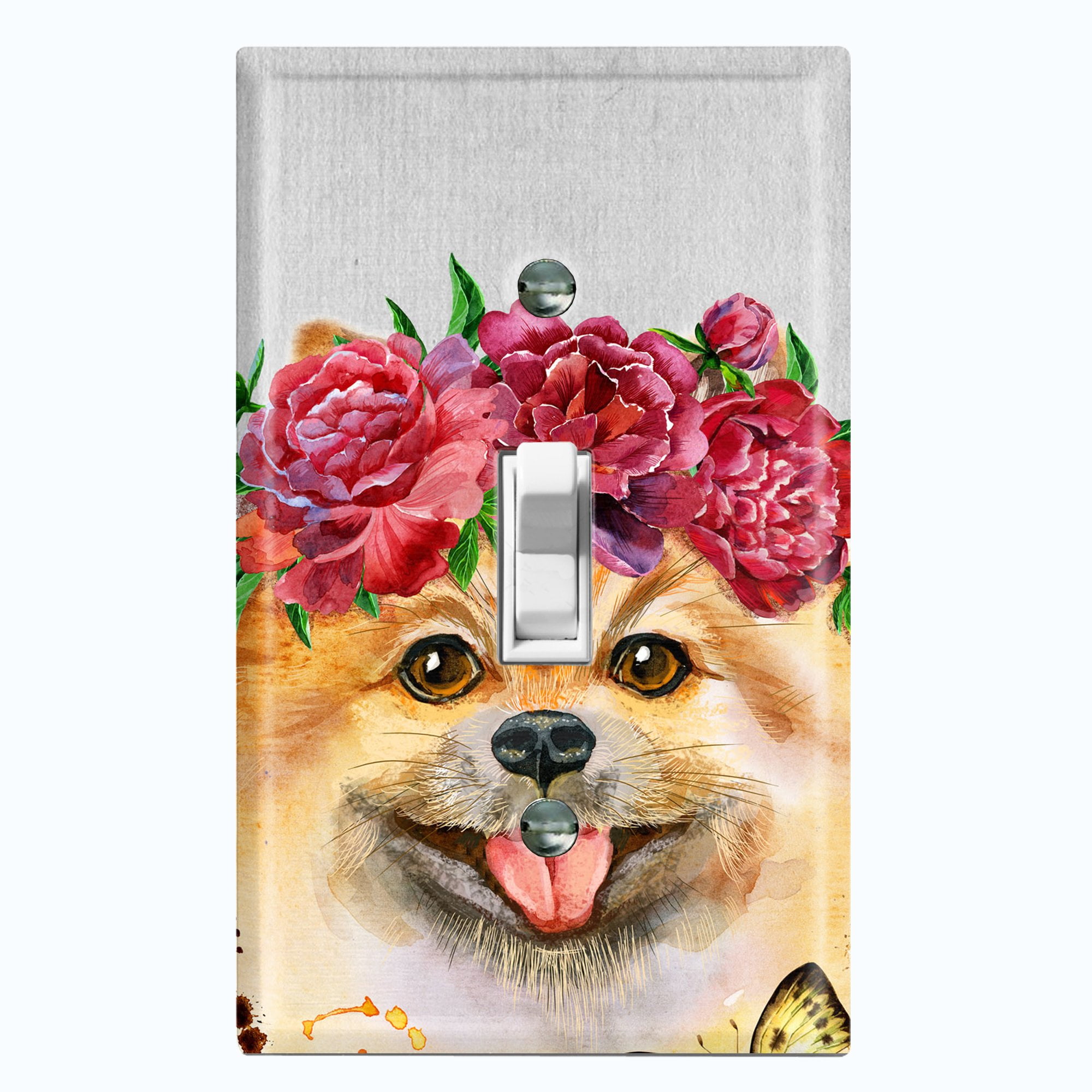 Metal Light Switch Plate Cover Cute Pomeranian Rose Crown Butterfly ...