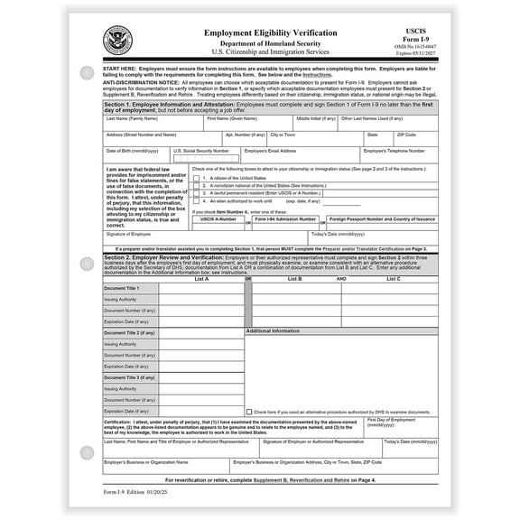 ComplyRight™ I-9 Forms, Employment Eligibility Verification, 8-1/2" x 11", Pack Of 50 Forms