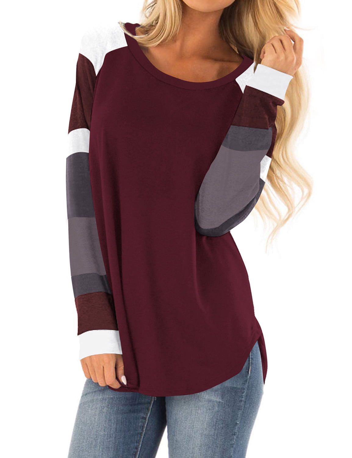 ZXZY Women Color Block Round Neck Long Sleeve Scoop Hem Tunic Top