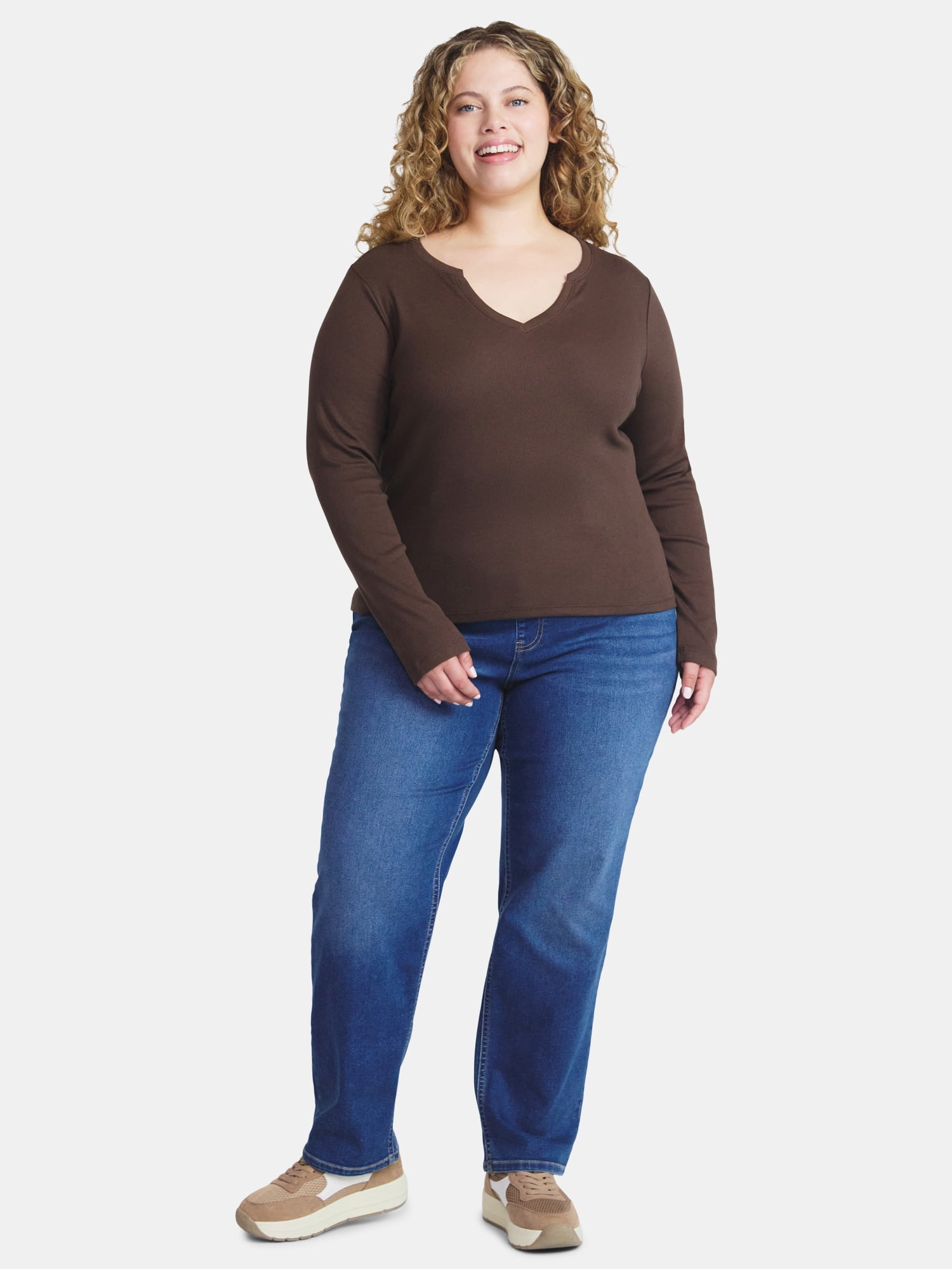 Terra & Sky Women's Plus Long Sleeve Notch Neck Top, Sizes 0X-5X