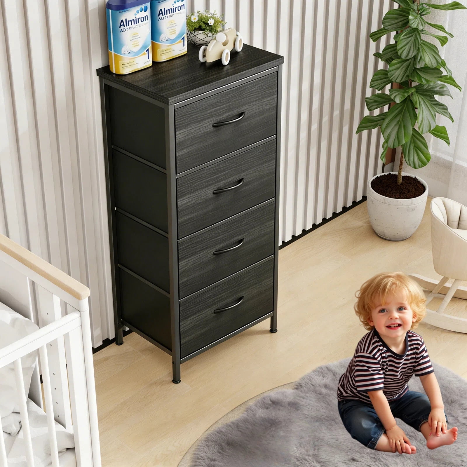 Nextay 4-Drawer Fabric Dresser for Bedroom, Storage Dresser Closet with Steel Frame & Wooden Top for Living Room, Dressing Room, Charcoal Black