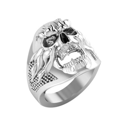 Silver Skull Ring with Flames