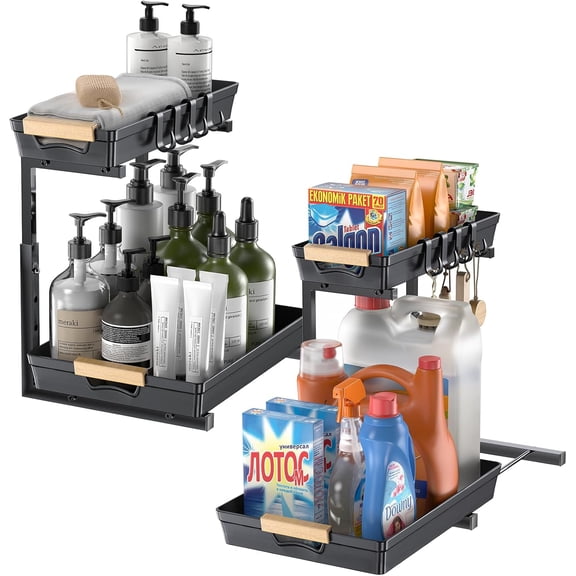 2 Pack Under Sink Organizers and Storage, Pull Out Cabinet Organizer, Metal Slide Out Kitchen Organizers and Storage, Height Adjustable Storage Shelves for Kitchen Bathroom Pantry