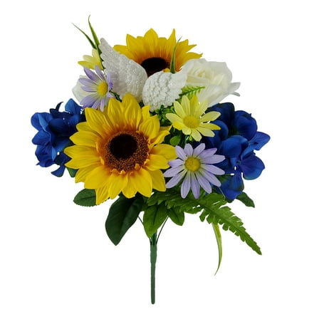 Mainstays 18in Indoor and Outdoor Artificial Sunflower and Hydrangea Bouquet,Yellow and Blue Color.