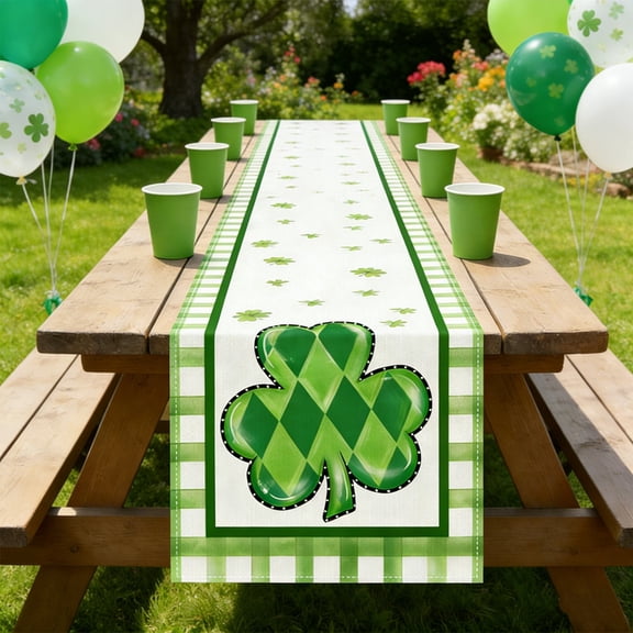 St. Patrick’s Day Table Runner, 72x13 Inch Green Shamrock Print – Waterproof Polyester Fabric, Wipe-Clean, for Dining Table, Kitchen, Party Decor