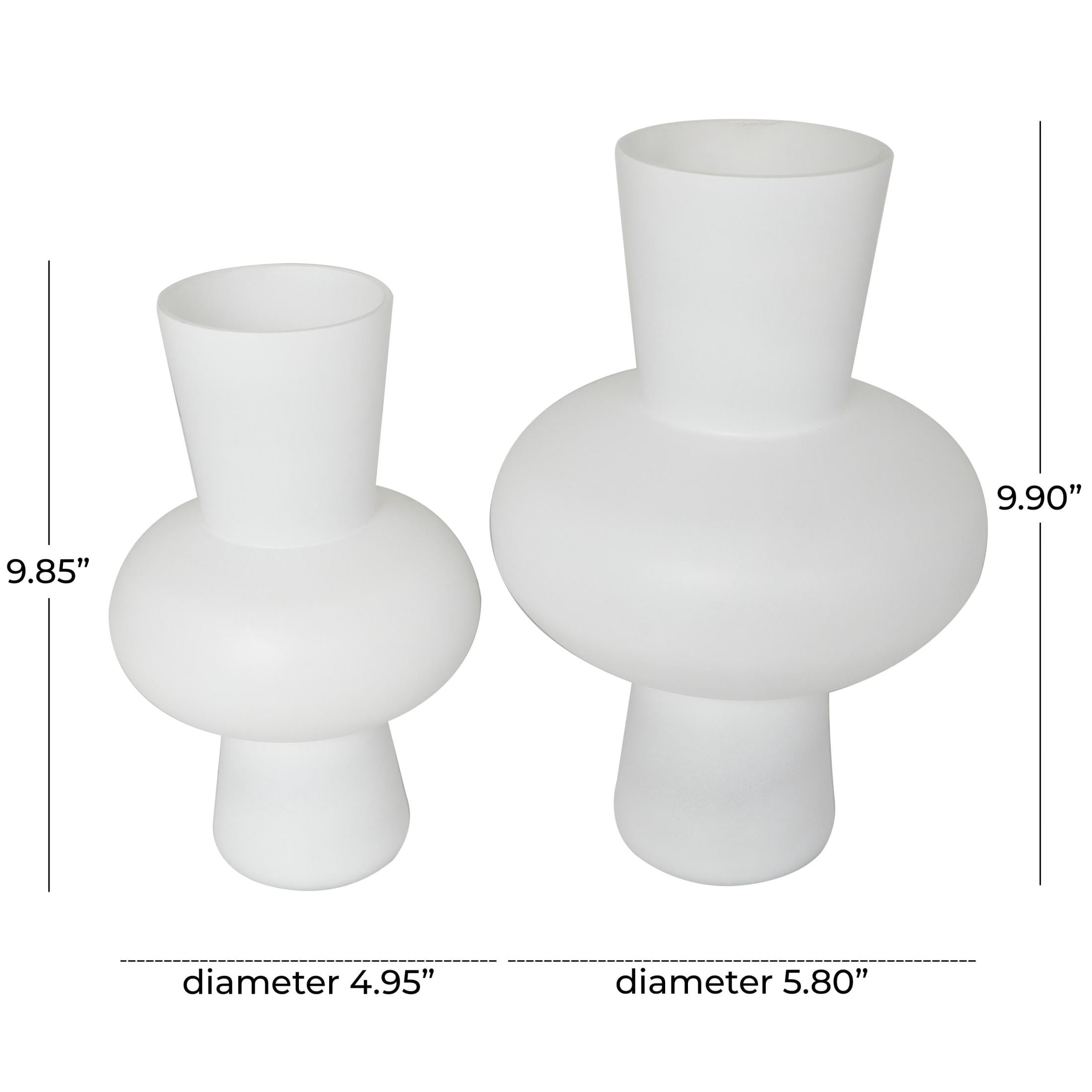 DecMode 10", 10"H Trumpet White Glass Vase with Wide Rounded Center, Set of 2