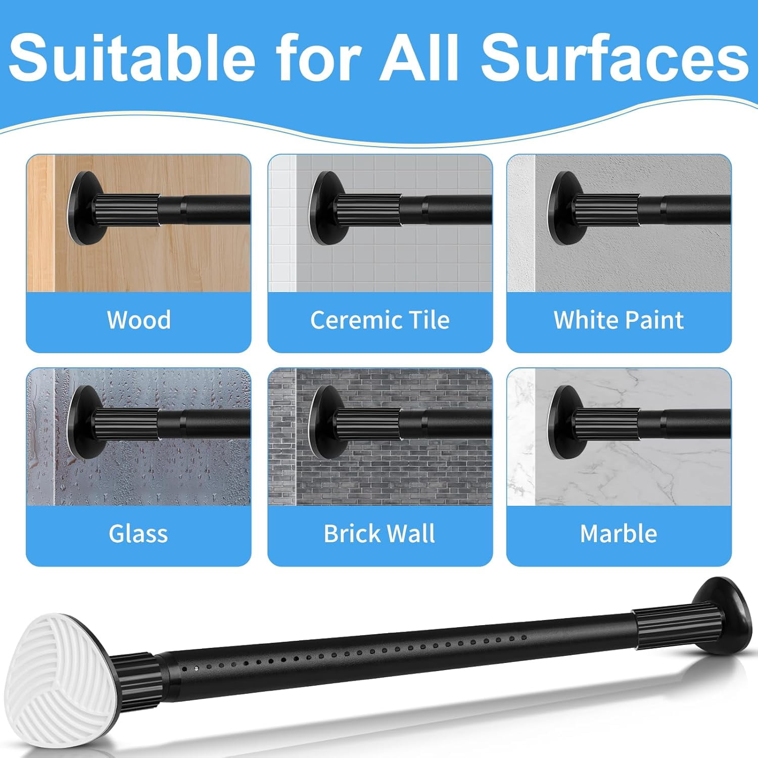 Tension Curtain Rod 51-86 Inch, Curtain Rod No Drilling for Window or Bathroom Closet, Outdoor Curtain Rods for Patio Tension Rod, Easy to Install, Never Rust, Rod Diameter 1.26 Inches - Black