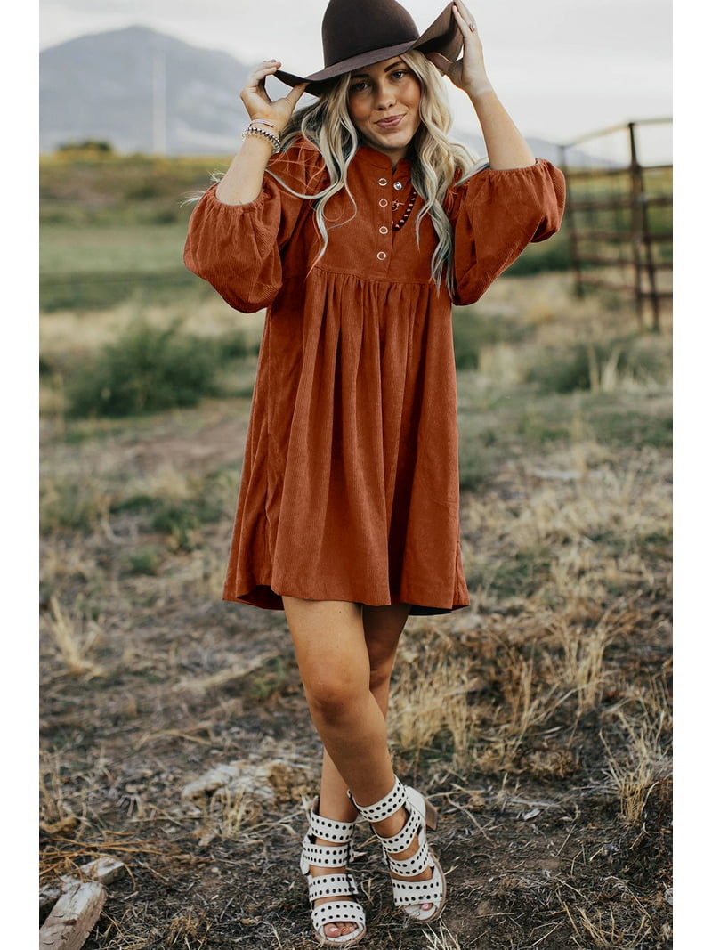 Women's Gold Flame Corduroy Empire Waist Snap Button Mini Dress | [ZhiHiMeRi] | (US 12-14)l