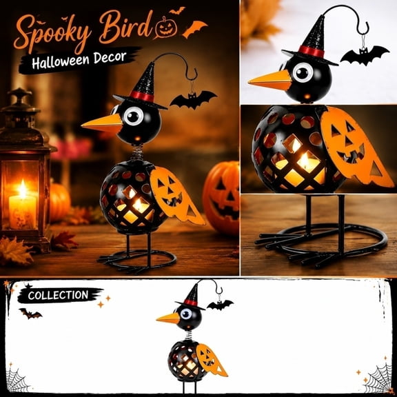 Halloween Decorations, Light Up Halloween Decorations, Halloween Home Decor Indoor, Halloween Mantel Decorations, 8X4.5 Inch Metal Crow Pumpkin Accent with Witch Hat, Hanging Bat