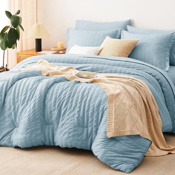 Queen Comforter Set White Seersucker 7 Pieces Bed in a Bag Queen Comforter Set with Sheets, Luxury Soft Bedding Set with Down Alternative Comforter, Sheets, Pillowcases & Shams for All Seasons