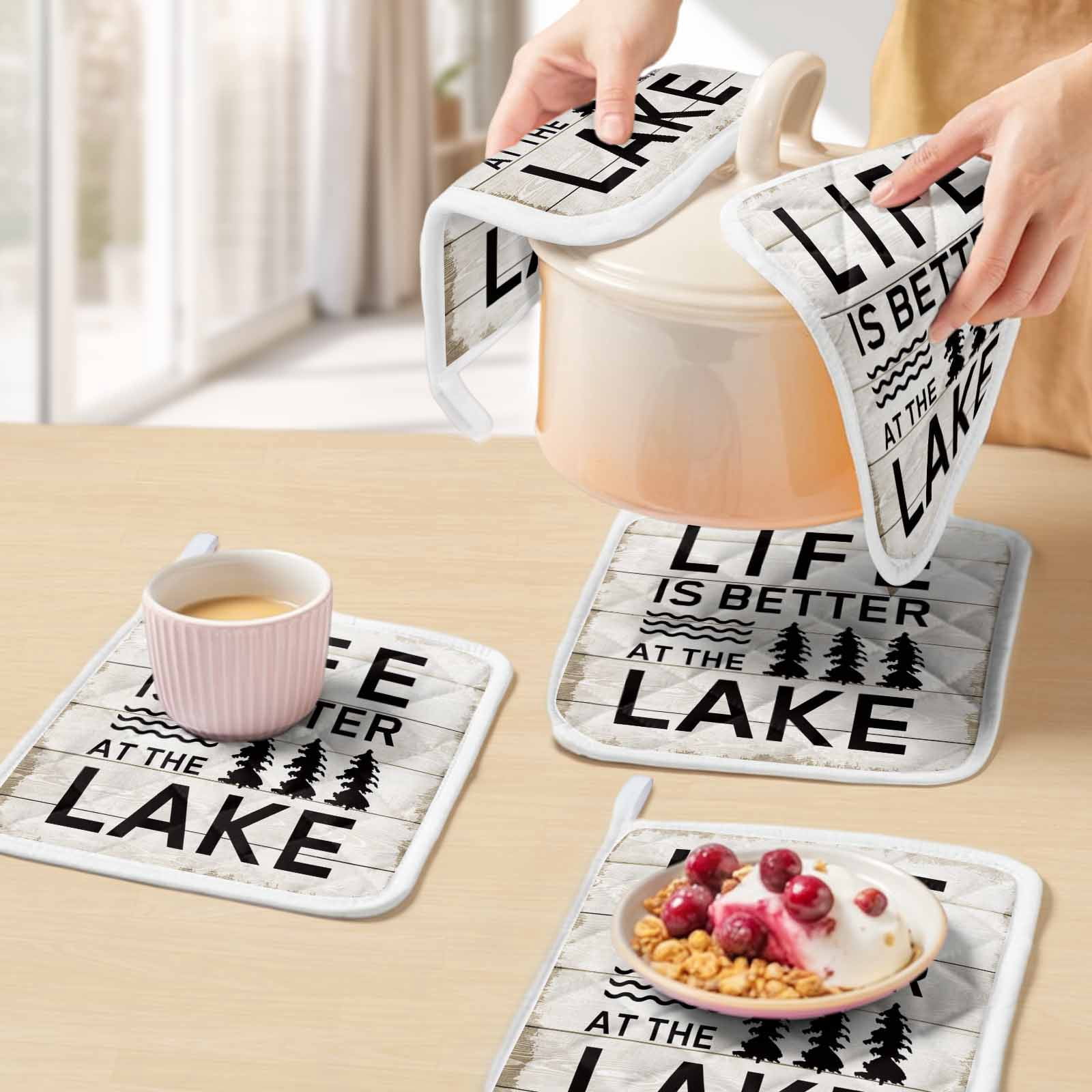 Life Is Better at The Lake Pot Holders for Kitchen Heatproof Potholder, 5 Pack Rustic Black Artistic Aesthetics Hot Pads Multipurpose Oven Pads Cloth Potholders Trivet for Cooking Baking