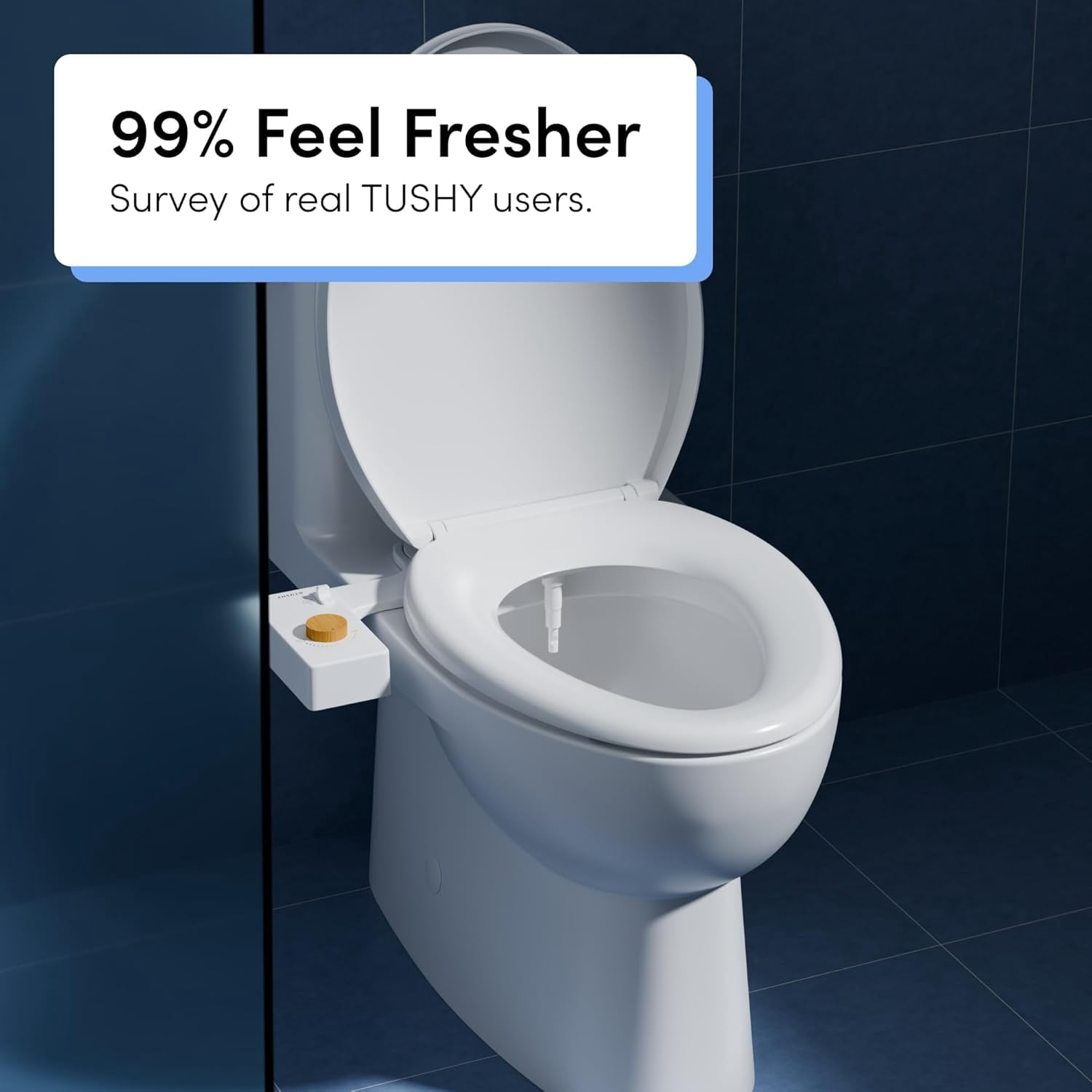 TUSHY Classic 3.0 Bidet Toilet Seat Attachment - Self Cleaning - Water Pressure Nozzle - Blue/Bamboo