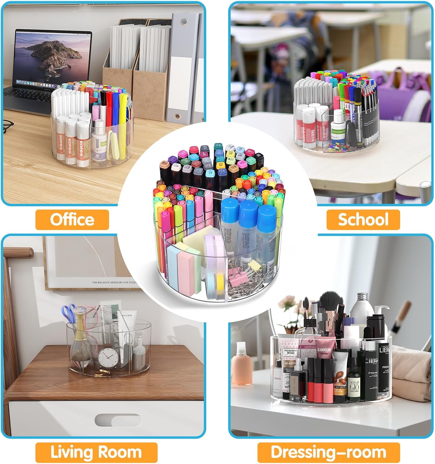 Acrylic Pen Holder 2 Pack, 360 Rotating Desk Organizer with 6 Compartments for Pens Markers Crayons Art Supplies