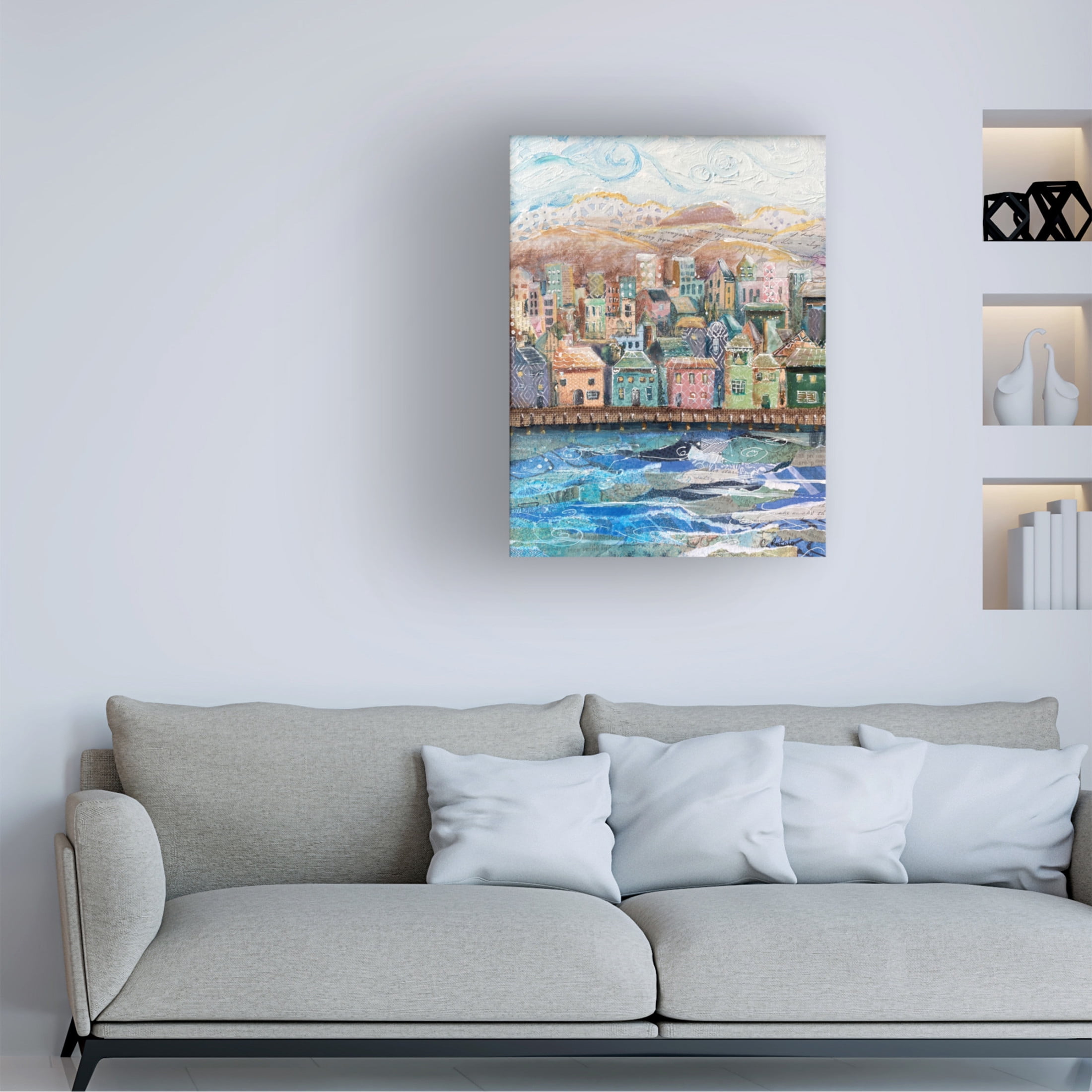 Canvas Wall Art - Christine Rotolo 'Mixed Media Village With Bridge' Wall Art for Living Room, Bedroom, or Office Décor by Trademark Fine Art - 24 x 32 Inches