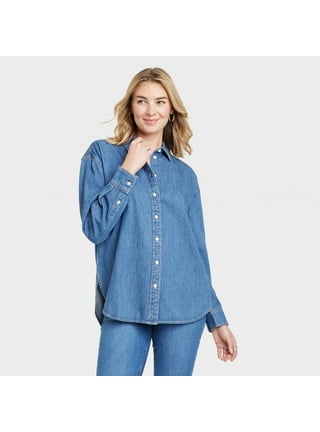 Women's Long Sleeve Button-Down Cropped Shirt - Universal Thread Navy Blue M