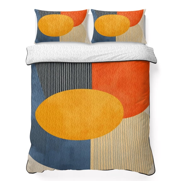 Quilts Twin Size Bedding Set, Orange Blue Yellow Lightweight Quilted Comforter, Geometric Striped Farmhouse Art Soft Reversible Bedspread Coverlet with Pillow Covers for All Season, 68" x 86"