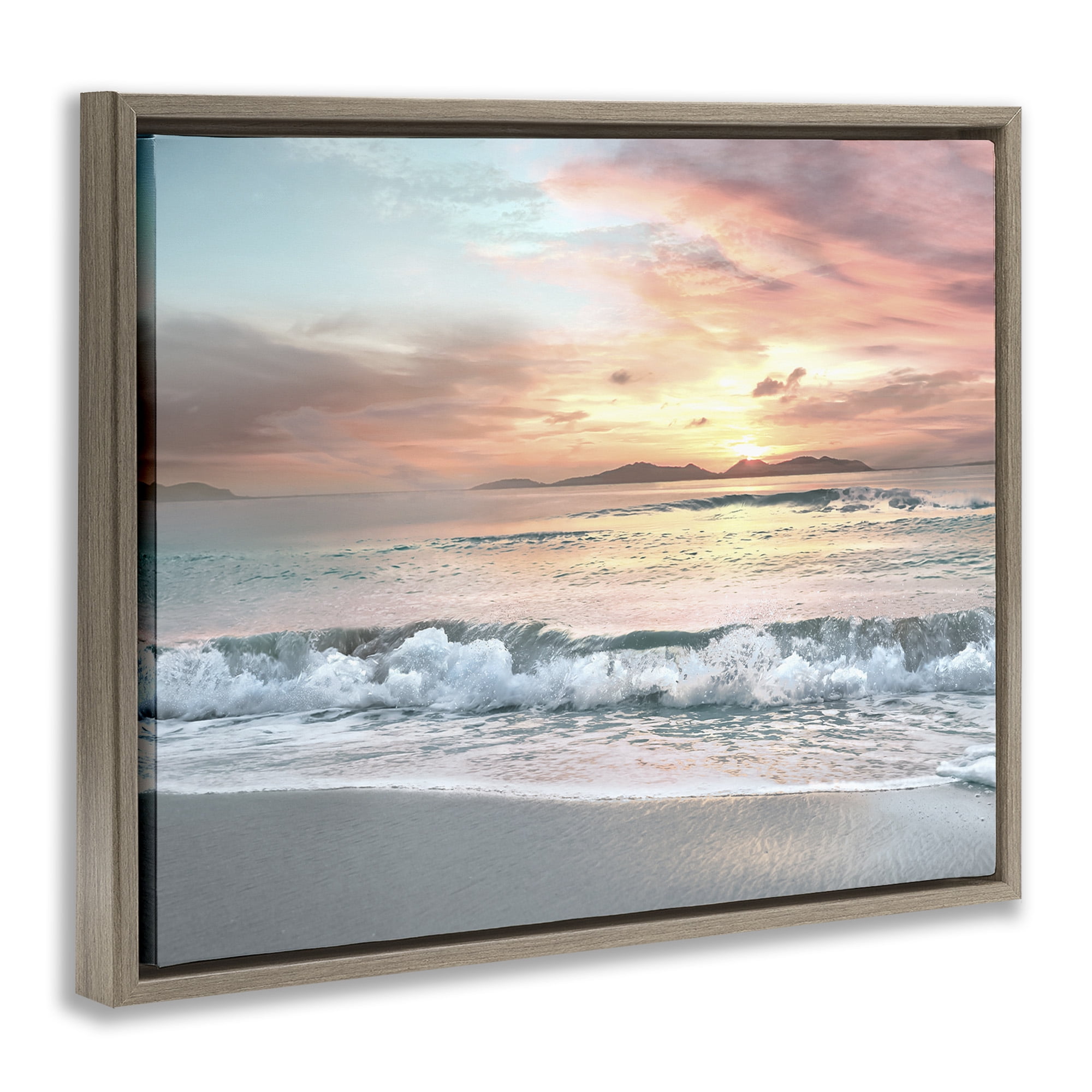 Stupell Industries Morning Sunrise Beach Landscape Landscape Photography Brown Floater Framed Canvas Art Print Wall Art, 21 x 17