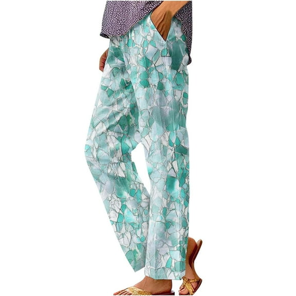 Kvture Summer Boho Cotton Linen Casual Pants for Women Fashion Print Baggy Palazzo Pants Elastic Waist Pockets Trousers Mint Green XL
