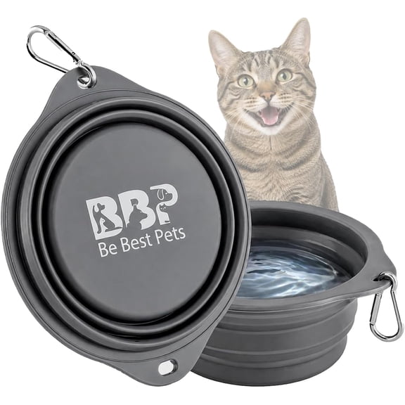 BE BEST PETS Collapsible Dog Bowl 28 oz - Foldable Silicone Pet Travel Bowl with Clip - Leak-Resistant Portable Pet Bowl for Food & Water Dish – Lightweight Pet Bowl for Dogs & Cats - Grey (Large)