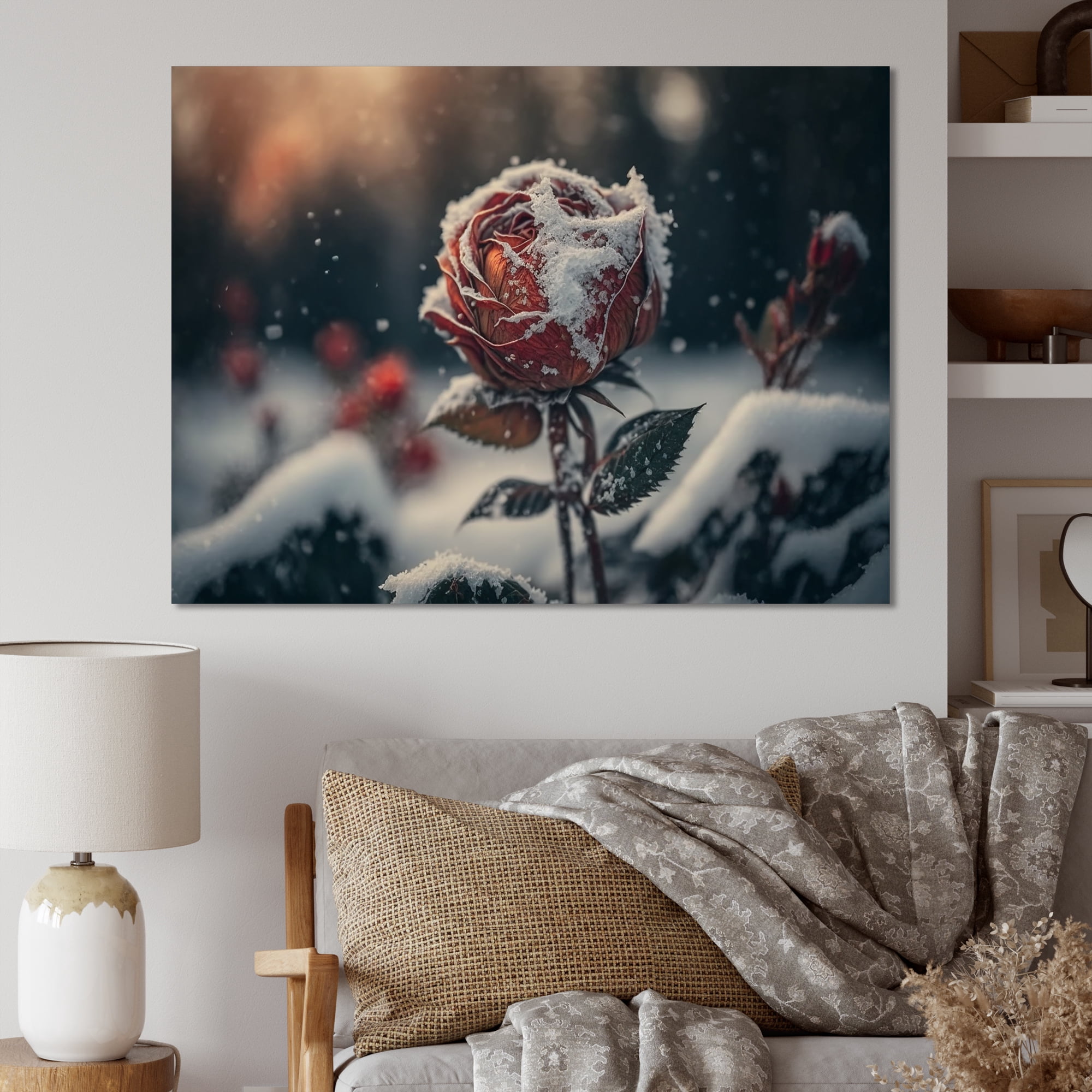 Designart A Blooming Red Rose Flower In Winter II Canvas Wall Art