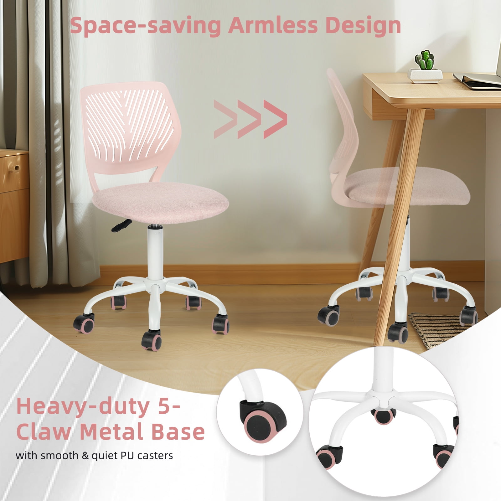 Homy Casa Teen Desk Chair, Adjustable Swivel Mesh Back Vanity Chair for Bedroom Study, Pink