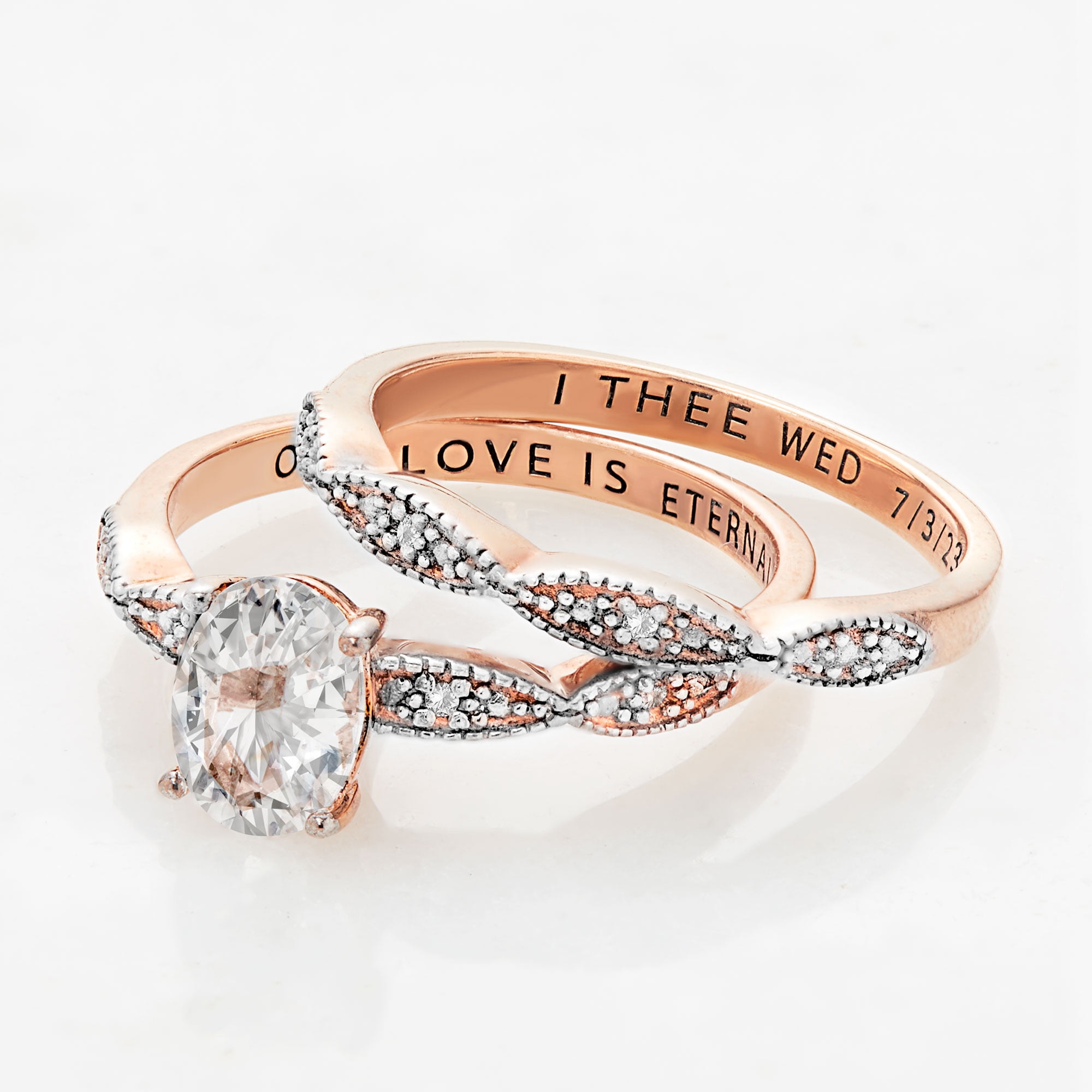 Vow & Forever Personalized Planet Bridal 14K Rose Gold over Sterling Silver Oval White Topaz Diamond Accent 2-Piece Engraved Wedding Ring Set ,Women's