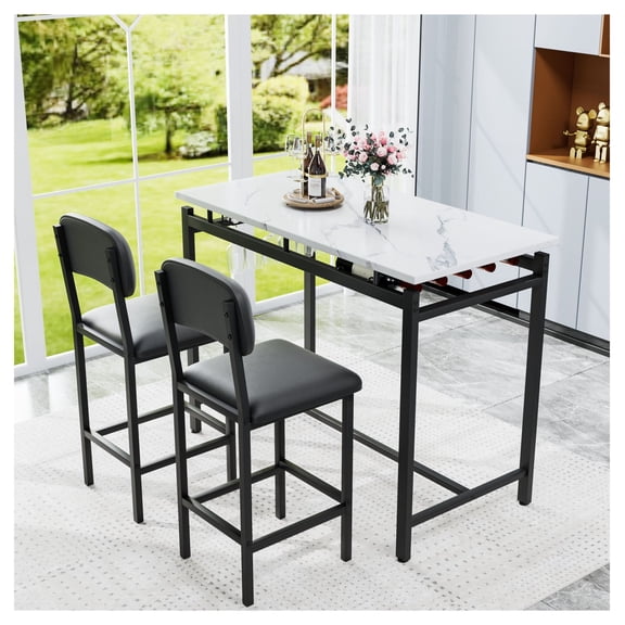 Kitchen Table Set for 2, Dining Table and Chairs 3 Piece, Bar Table Set for Small Spaces, Upholstered Chairs, Rustic Black