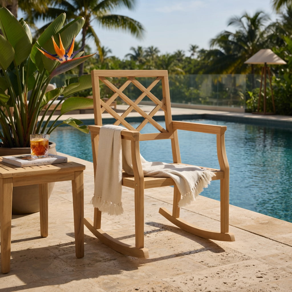 Hommoo Oversized Teak Wood Rocking Chair for Outdoor Patio, Sturdy Indonesian Teak Porch Rocker with Ergonomic Backrest & Slatted Seat, Brown