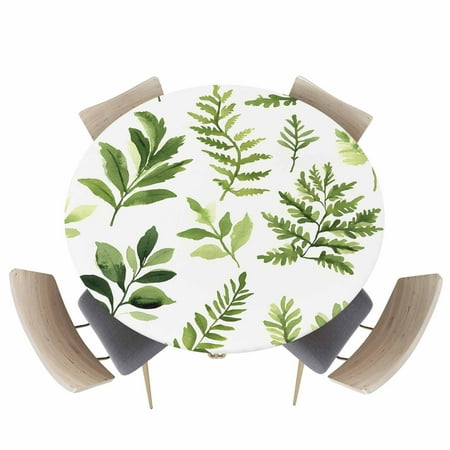 Round Fitted Tablecloth Spring Pastoral Gradient Herb Circle Table Cover Waterproof Table Cloth with Elastic Edge Farmhouse Green Plant Leaves Outdoor Tablecloths for Kitchen Picnic 45-54in