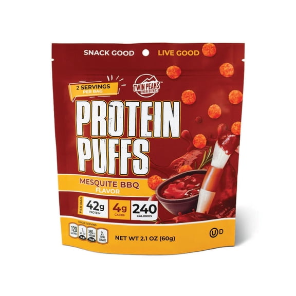 Twin Peaks Ingredients Protein Puffs, Mesquite Barbecue, 2.1 oz Bag, 2 Servings