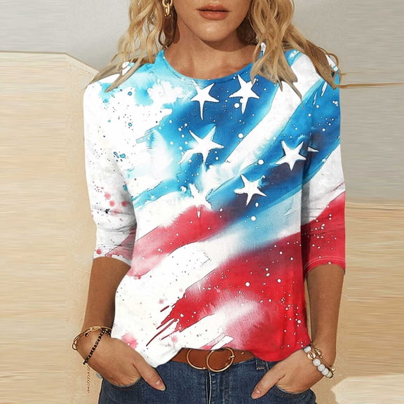 Cavosen Independence Day Clothes Women Petite 4th of July 3/4 Sleeve Crew Neck Shirts USA Star Striped Print Shirts Lady XL Red White and Blue Casual Tops Patriotic Tunic Tees Patriotic Blouses