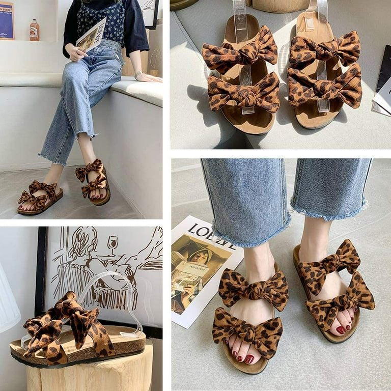 Womens Leopard Slide Sandals Soft Cork Footbed Slip On Slides with Arch Support Leather Knot Bow Sandal Slippers Walmart