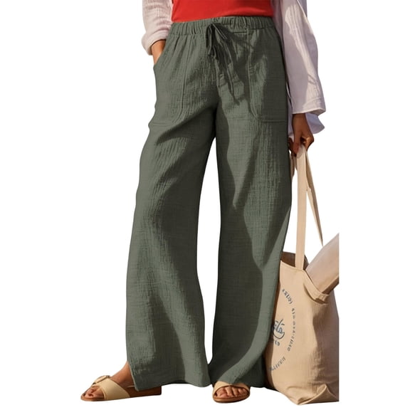 Pxxlle Cotton Linen Pants Women Lightweight Elastic High Waisted Long Pant Breathable Wide Leg Summer Vacation Trousers with Pocket Green XL