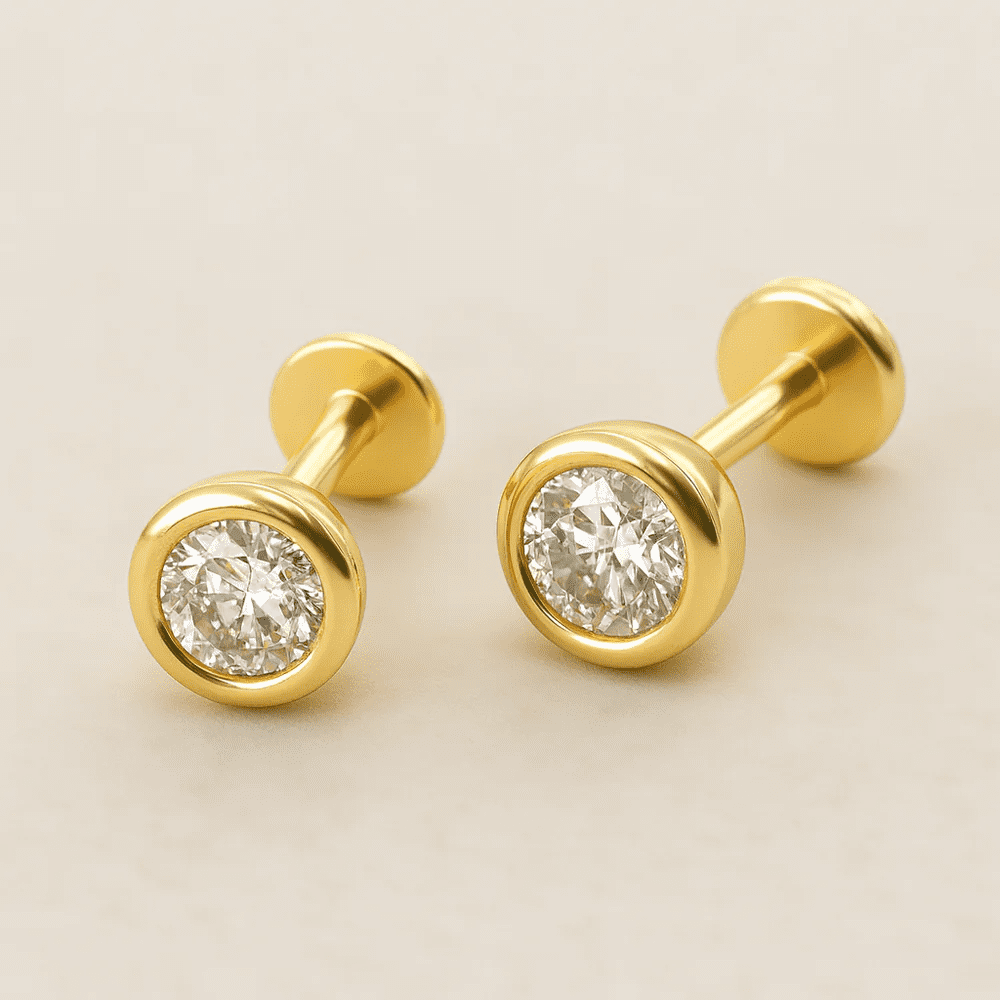925 Sterling Silver 3mm Round White CZ Stud Earrings, 18K Gold Plated (1 Micron), Bezel Setting, Screw Back, Secure Fit