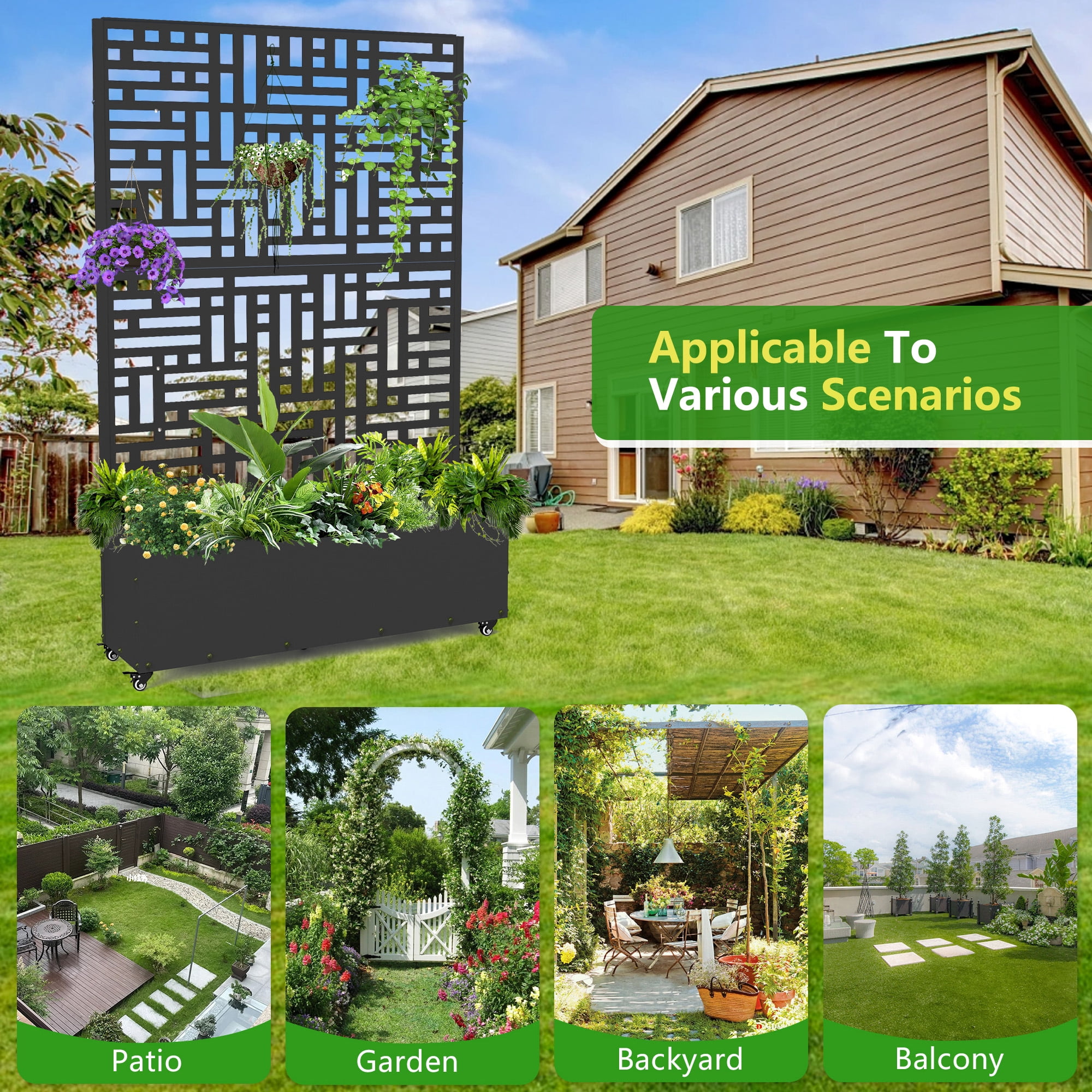 FOOWIN 71'' H Metal Planter with Trellis and Wheels , Outdoor Raised Garden Bed for Climbing Plants, Trellis Planter Box with Drainage Hole, Black