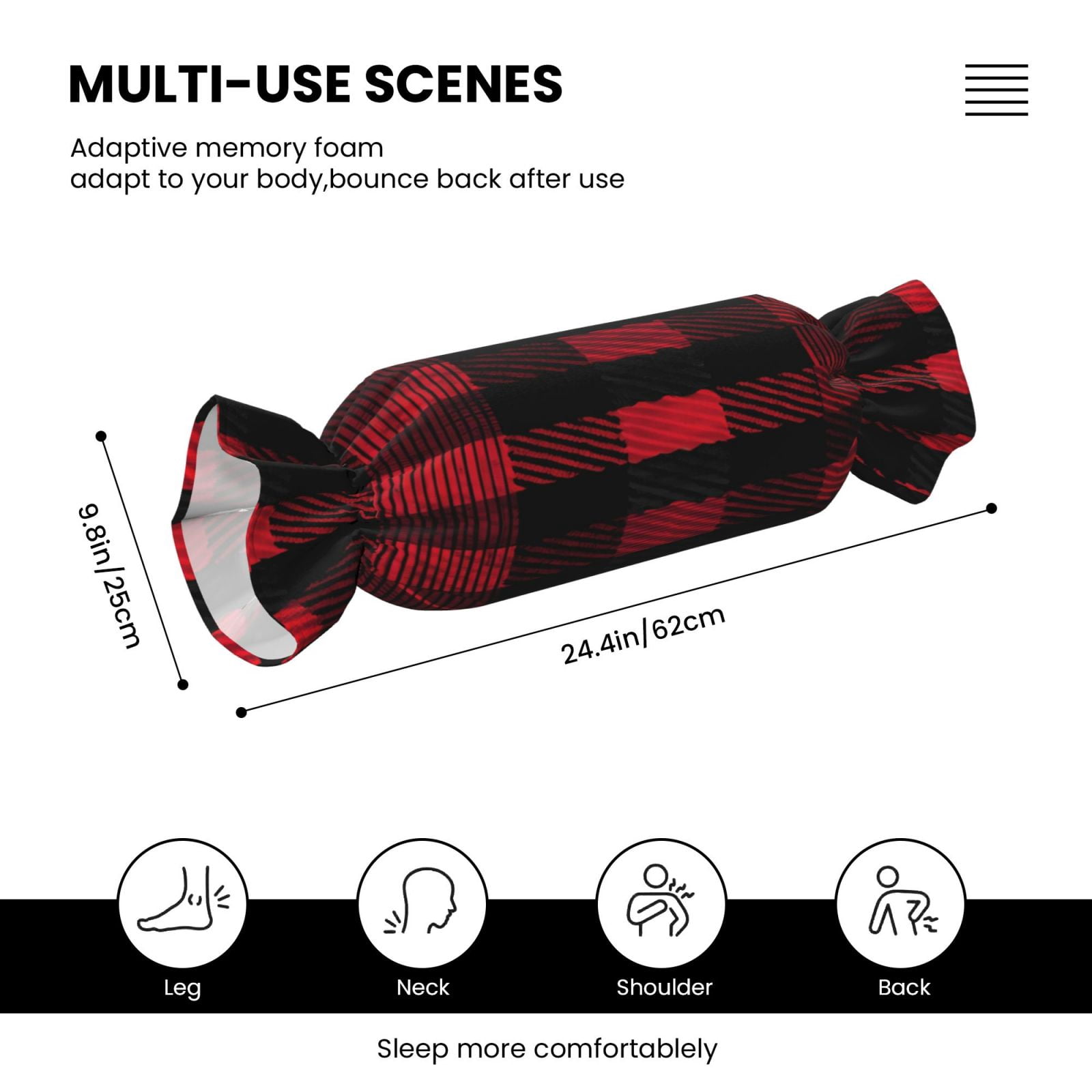 Candy Throw Pillow Travel Cervical Pillow Cylindrical Neck Body Cushion With Insert For Bed Couch Home Decor 9.8x24.4in A Seamless Pattern Of Red And Black Plaid