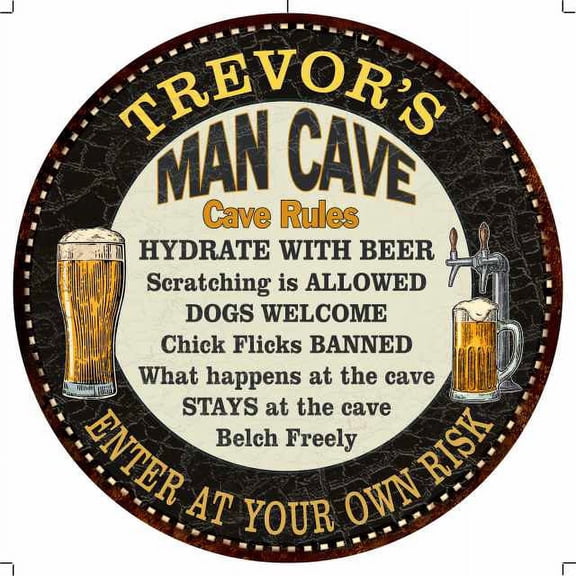 TREVOR'S Man Cave Rules 14" Round Metal Sign Garage Wall Decor 100140010355