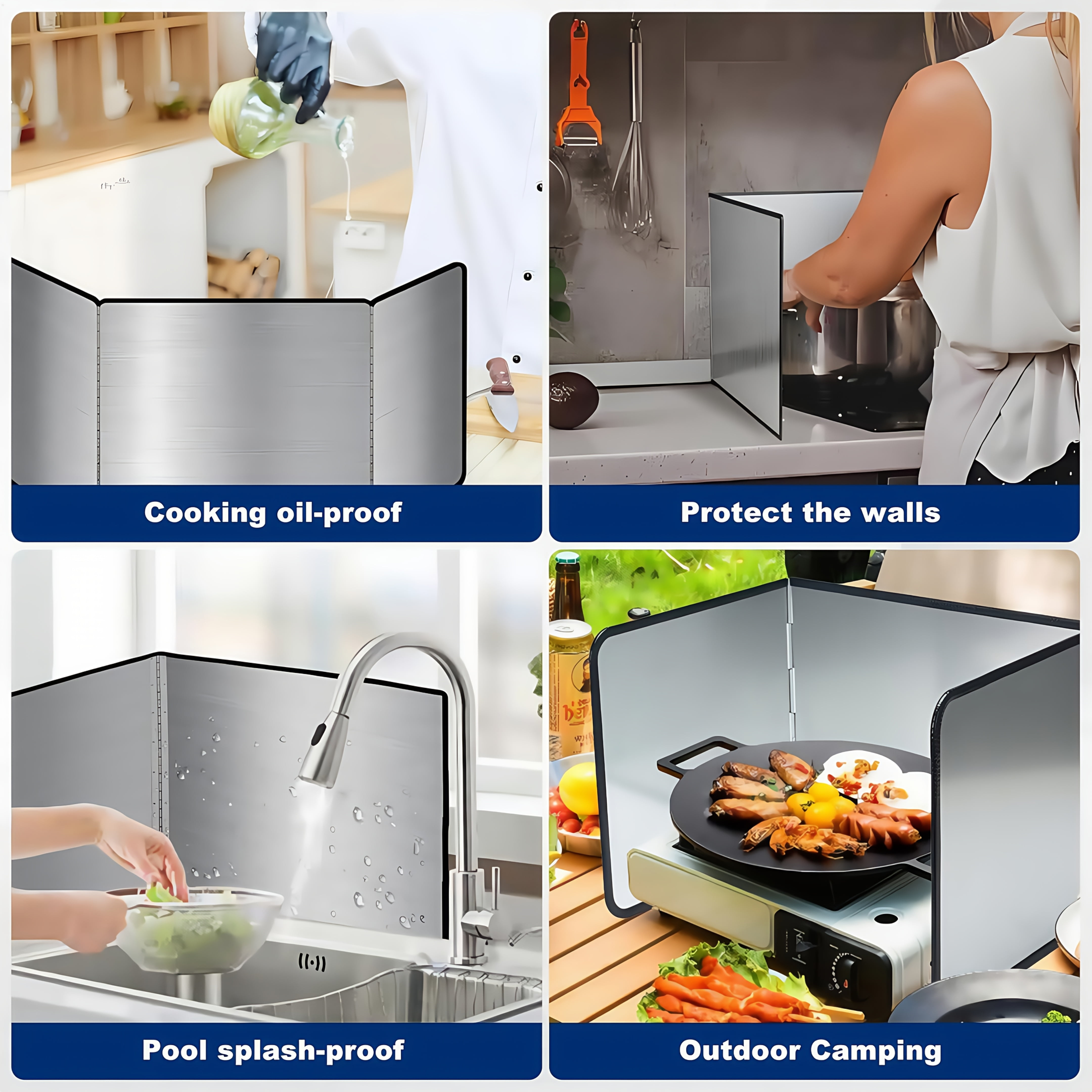 4-Sided Foldable Splatter Guard - 31.5'' Stainless Steel Splash Screen with Nonstick Coating | Heat Resistant Oil Shield for Gas Range & Frying Pan | Commercial Kitchen Backsplash Protector
