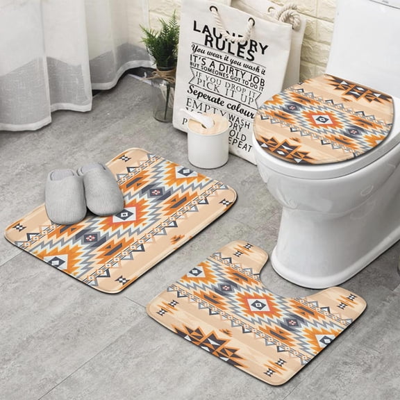 Brown Geometric Quatrefoil Pattern Bathroom Rugs Sets 3 Piece,Toilet Cover Set,Absorbent Non Slip Bathroom Mats Sets with U-Shaped Contour Rug Toilet Rug Set