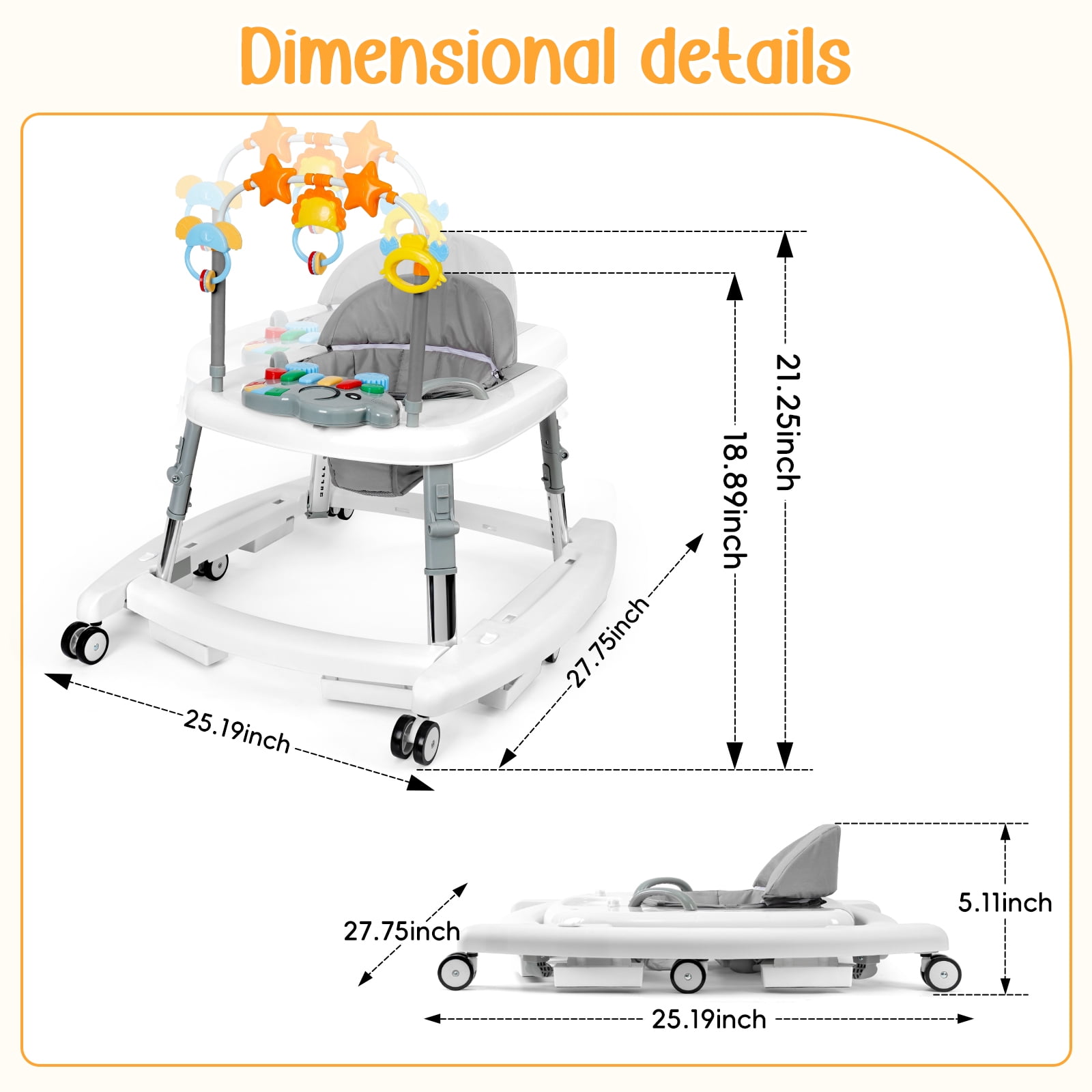 5-in-1 Foldable Baby Walker with Music & Lights – Adjustable Height, Bouncer, Wheels, Portable Toddler Walker for Baby Boys & Girls 6-18 Months, White
