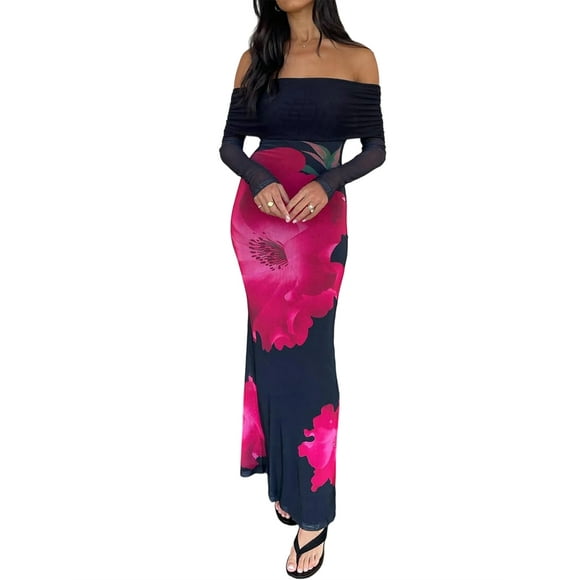 Women'S Fall Off Shoulder Floral Maxi Dresses Formal Long Sleeve Bodycon Cocktail Wedding Guest Dress Dark Blue L