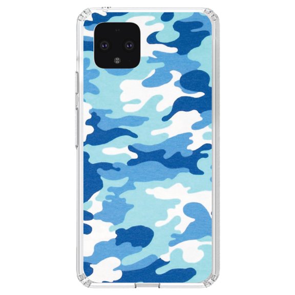 DistinctInk Clear Shockproof Hybrid Case for Google Pixel 4 (5.7" Screen) - TPU Bumper, Acrylic Back, Tempered Glass Screen Protector - Blue White Camouflage - Camouflage Pattern