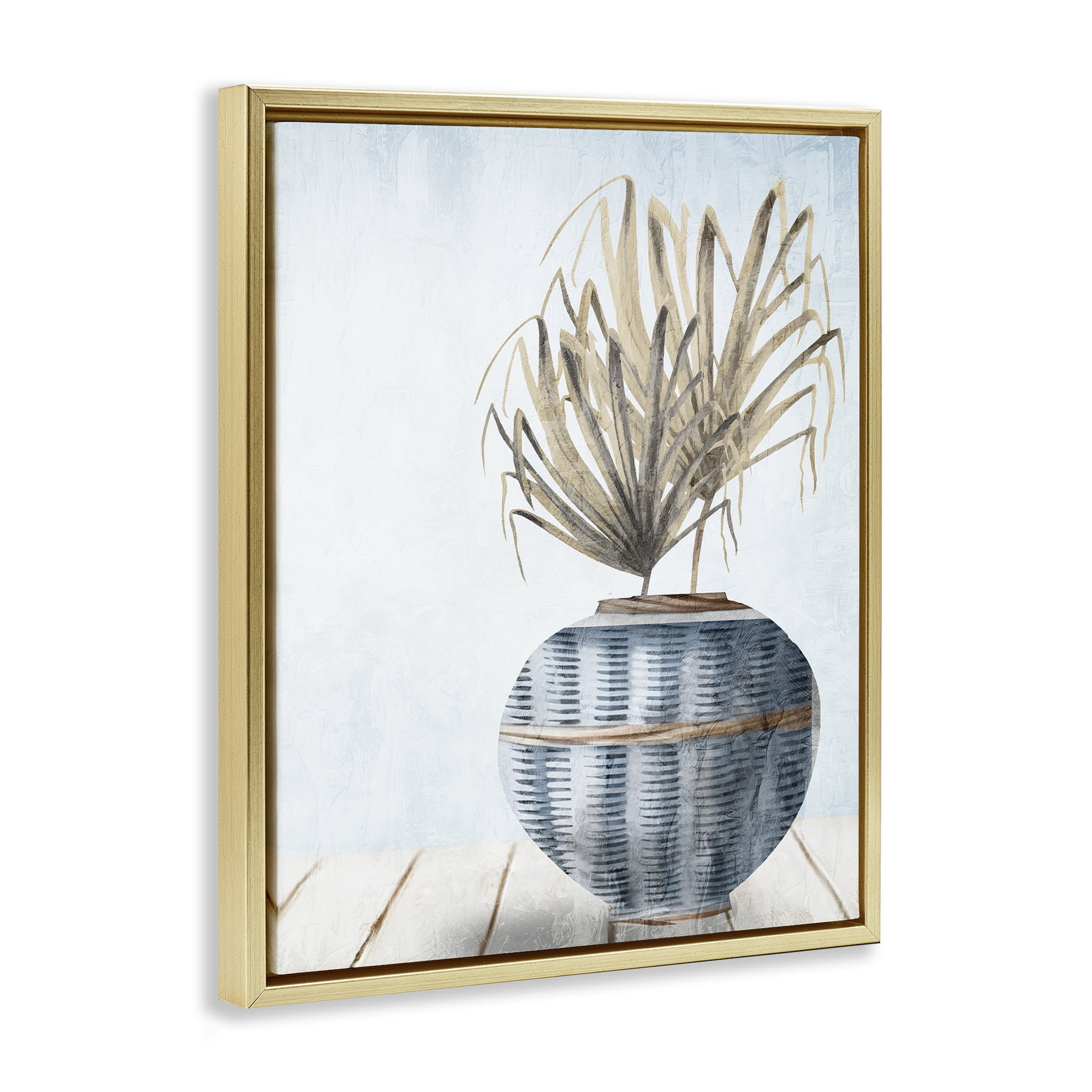 Stupell Industries Plant in Woven Vase Plants & Flowers Painting Gold Floater Framed Canvas Art Print Wall Art, 25 x 31
