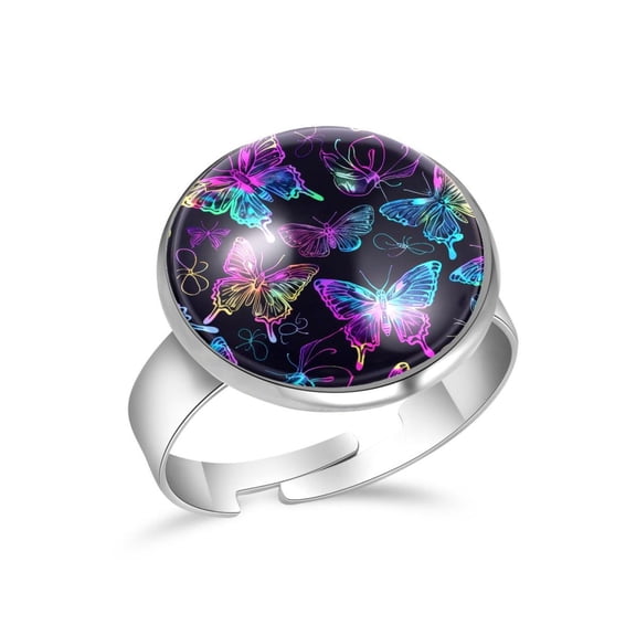 PhooArto Color Neon Butterfly Skull Pattern Stainless Steel Rings for Women, Open Adjustable Ring Promise Ring Jewelry Gifts