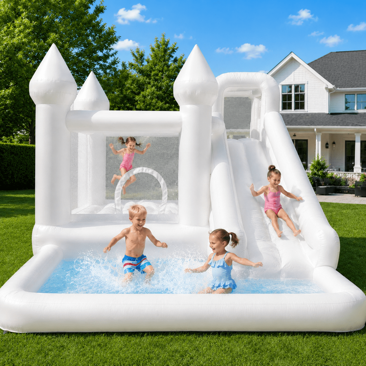 14ft Inflatable Water Slide & Bounce House with Ball Pit and Blower, White Oxford Outdoor Playhouse for Kids